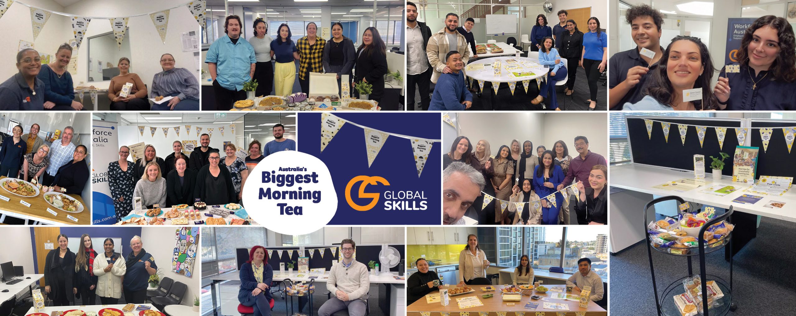 a collage including groups of a group of Global Skills staff with food and Biggest Morning Tea decorations
