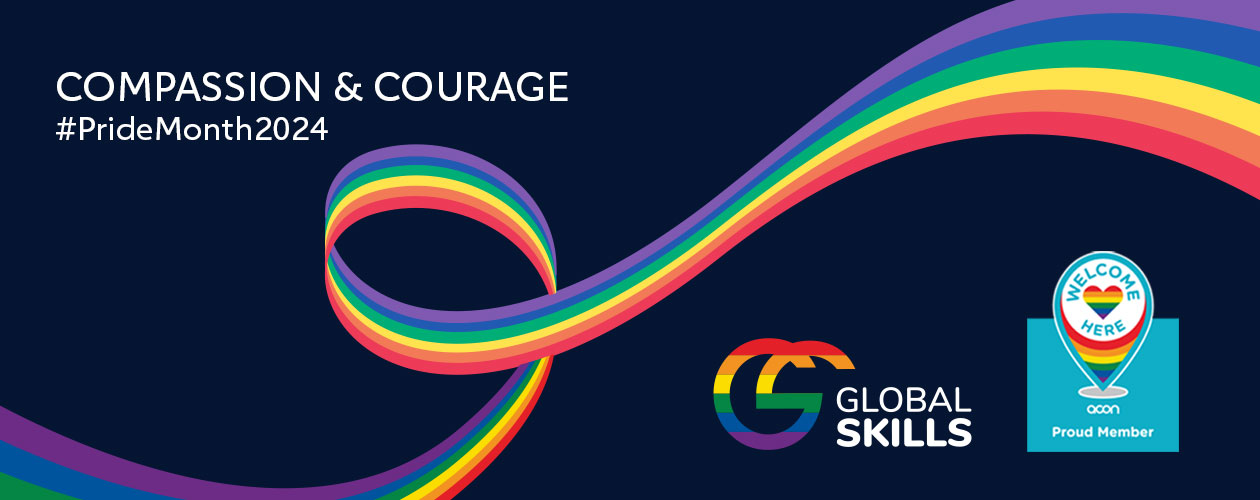 rainbow swirl on navy background. Includes our logo in rainbow colours and our "proud member of Acon's Welcome Here Project" logo.
