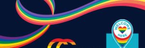 rainbow swirl on navy background. Includes our logo in rainbow colours and our "proud member of Acon's Welcome Here Project" logo.