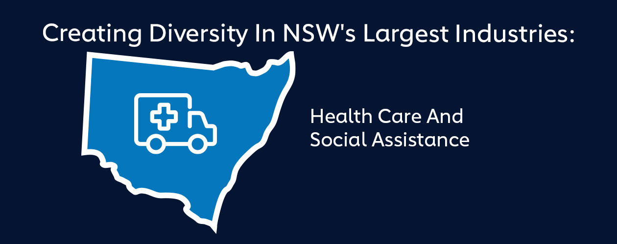 Icon representing healthcare and social assistance within a map of NSW, set against a dark navy background