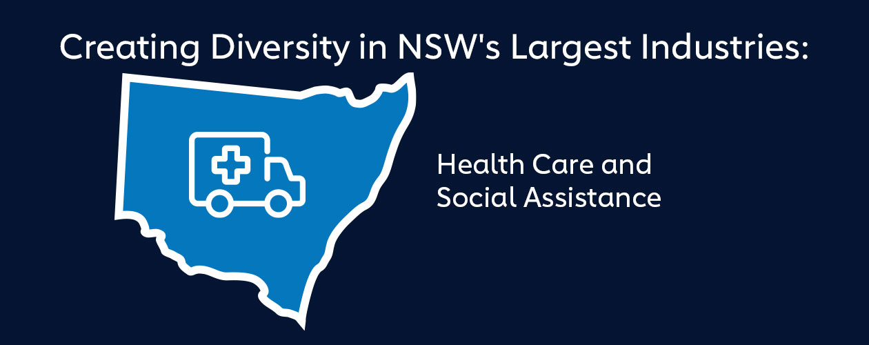 Icon representing healthcare and social assistance within a map of NSW, set against a dark navy background