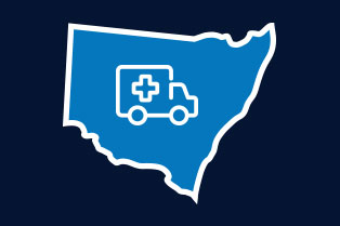 Icon representing healthcare and social assistance within a map of NSW, set against a dark navy background