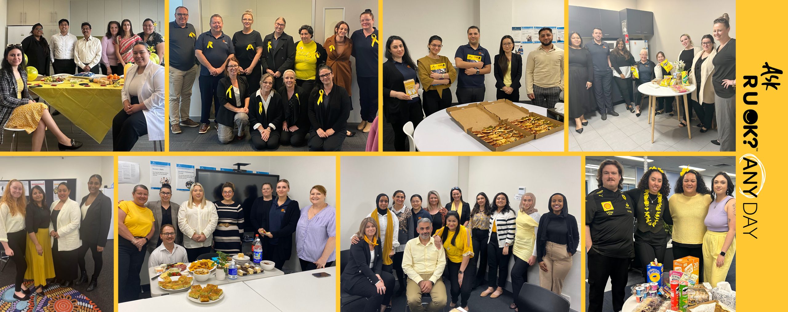 Collage of staff from our different offices some with yellow clothes or ribbons enjoying morning tea together