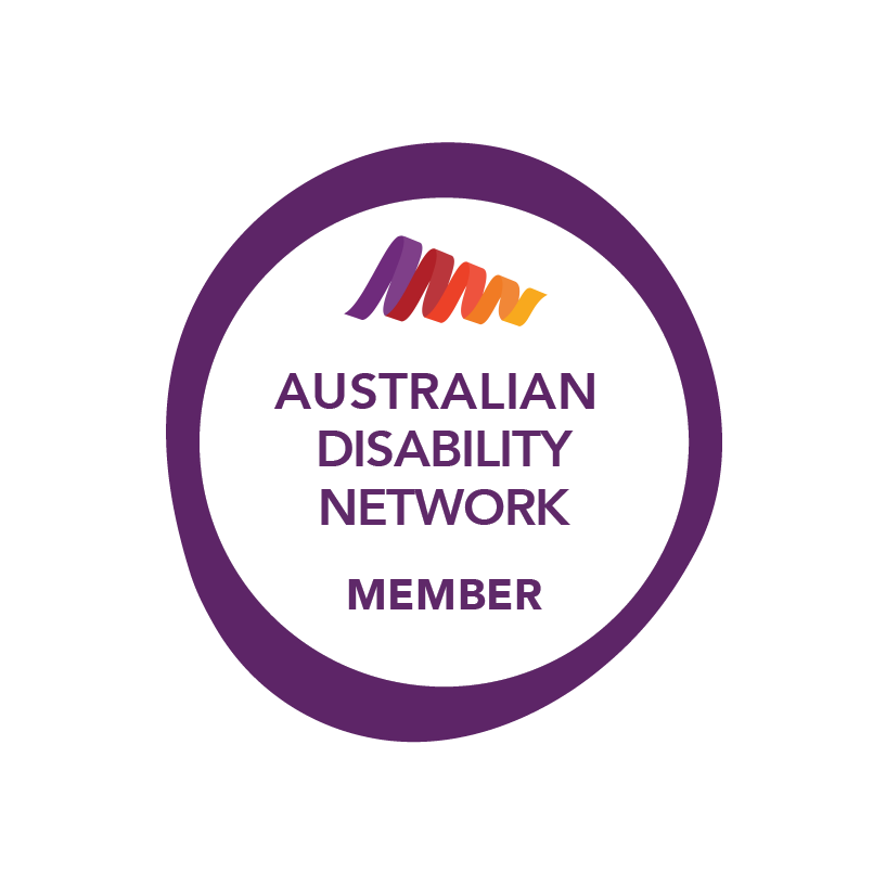 Circular navy badge that reads ‘Australian Disability Network Member’ underneath the Australian Disability Network Logo