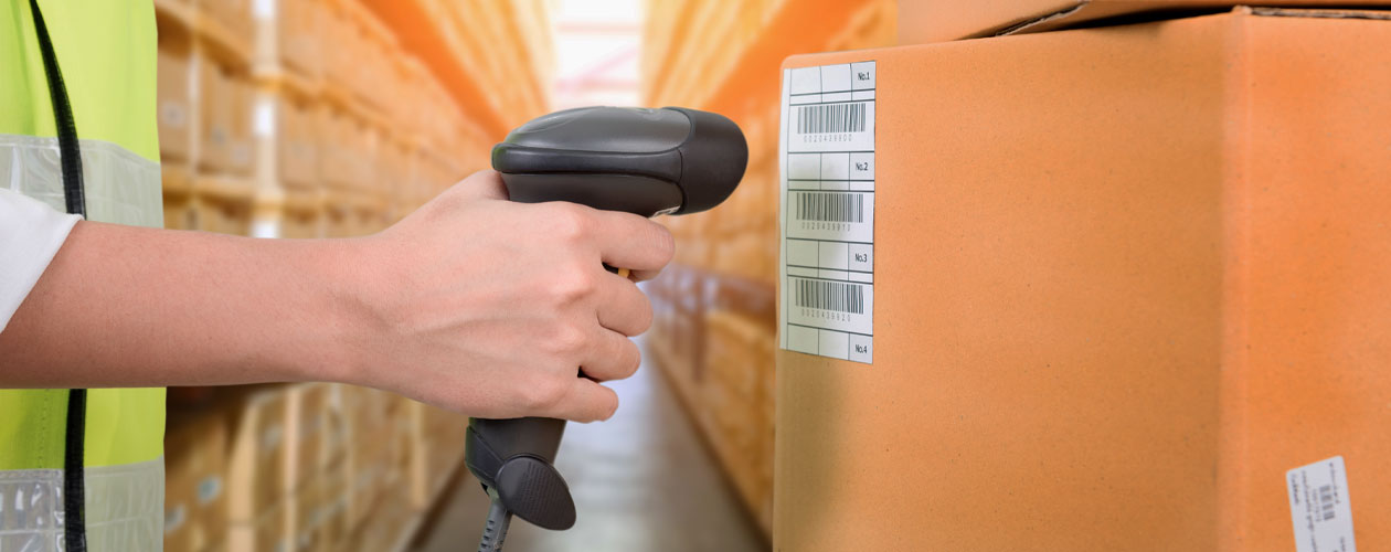 Female hand scanning a barcode on a label attached to a box