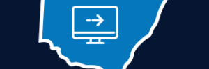 An icon representing the Professional Scientific and Technical Industry within a map of NSW, set against a dark navy background. The icon is a computer monitor with an arrow pointing to the right.