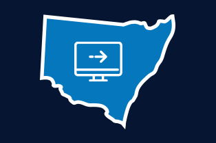 An icon representing the Professional Scientific and Technical Industry within a map of NSW, set against a dark navy background. The icon is a computer monitor with an arrow pointing to the right.