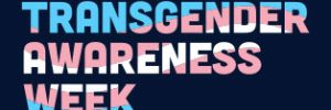 Text reading Transgender Awareness Week, featuring the trans flag within the letters, on a navy blue background. Image includes our Welcome Here membership logo.