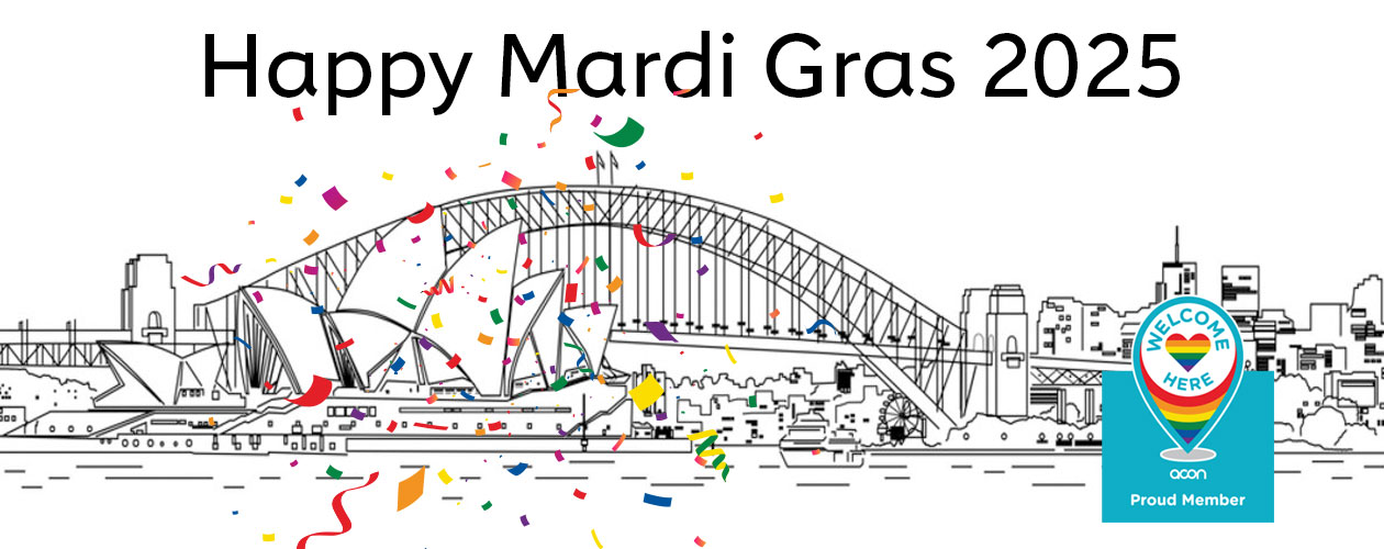 Line drawing of Harbour Bridge and Opera house with coloured confetti in foreground.