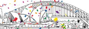 Line drawing of Harbour Bridge and Opera house with coloured confetti in foreground.