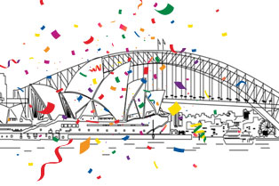 Line drawing of Harbour Bridge and Opera house with coloured confetti in foreground.